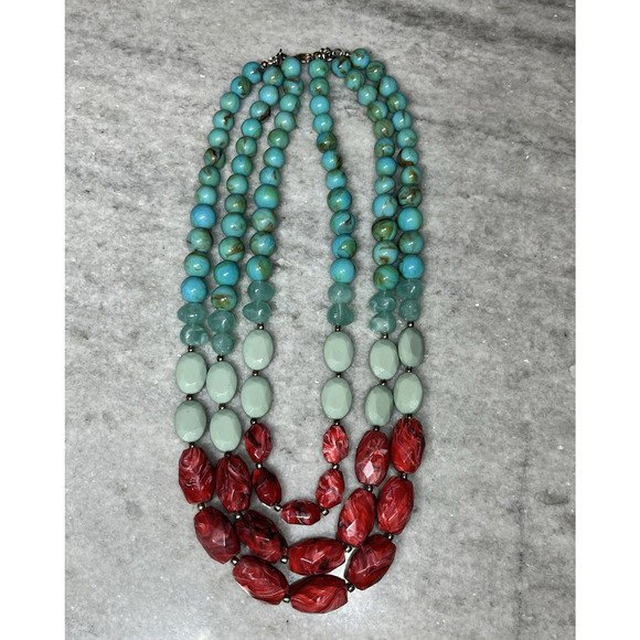 Multi Strand Turquoise Red Beaded Necklace Chunky Colorful Faceted Statement 23" - Picture 1 of 9